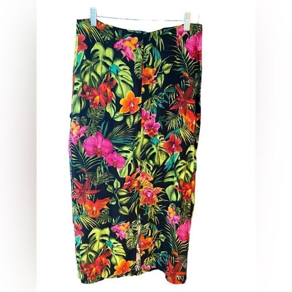 Clio Sz 10 Vintage Black Vibrant Orchid Tropical Button Top Pencil Skirt Set - Picture 5 of 11